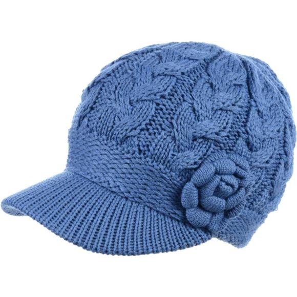 Women\'s Winter Elegant Cable Flower Knitted Beret Beanie Hat with Visor